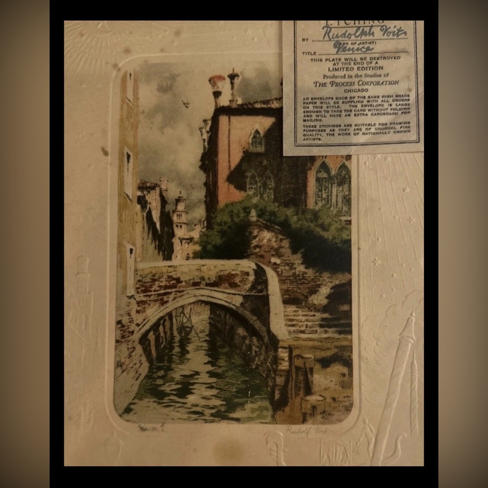 1940'S INTAGLIO PRINT OF ETCHING VENICE BY RUDOLF VOIT W. COA